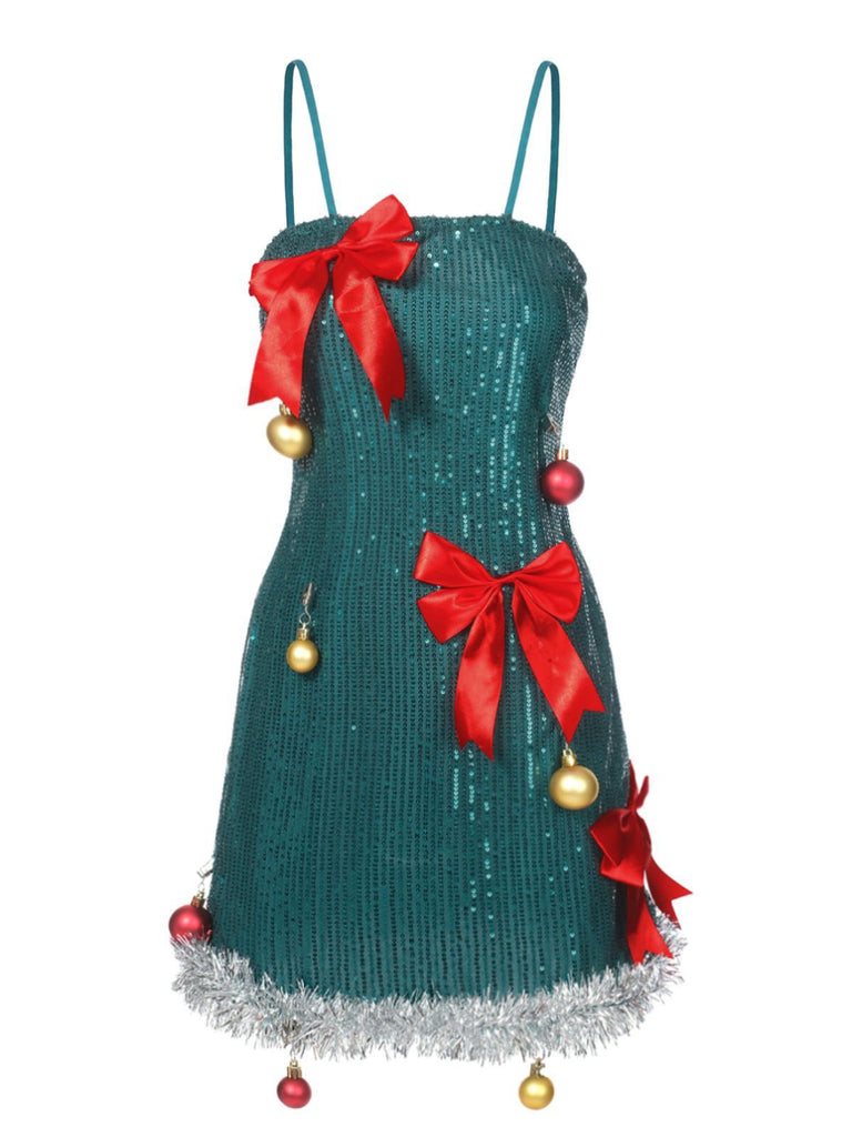 Christmas Sequined Bell & Bow Straps Mini Dress | Women's Xmas Outfits | Green Christmas Sequined Bell & Bow Straps Mini Dress | Women's Xmas Outfits | Green