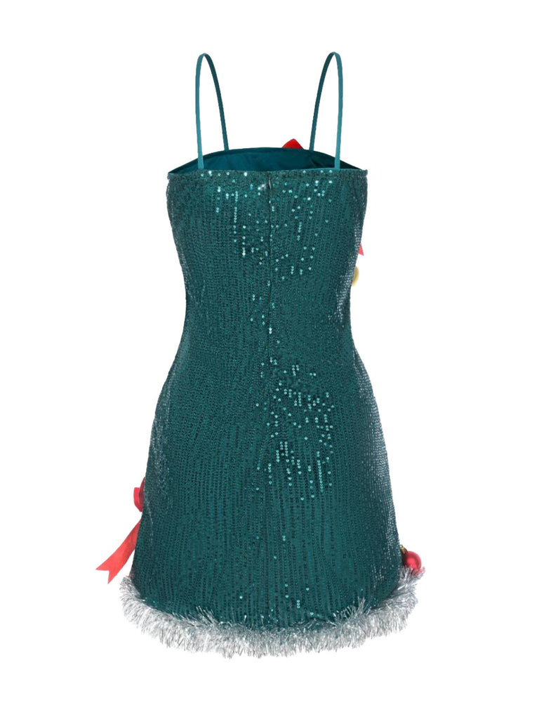 Green 1960s Bow & Christmas Bell Sequin Dress - vintage dress, retro fashion