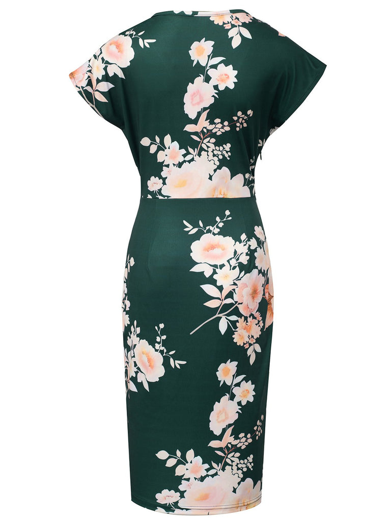 Green 1960s Cap Sleeves Floral Pencil Dress: where 1960s romance meets her modern spirit