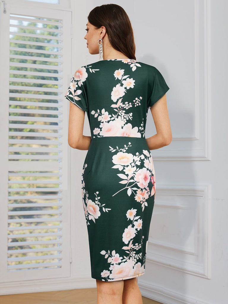 Green 1960s Cap Sleeves Floral Pencil Dress — the kind of 1960s dress that makes strangers smile