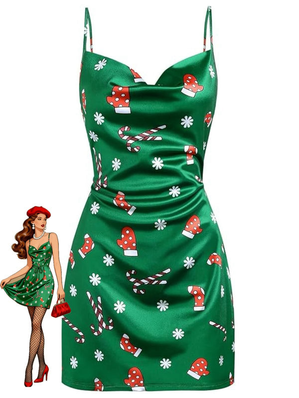 Christmas Cowl Neck Candy Cane Print Slip Mini Dress | Retro Stage | Xmas Outfits
