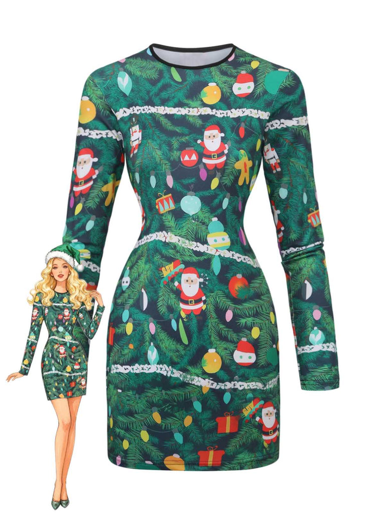 Green 1960s Christmas Pattern Bodycon Dress - vintage dress, retro fashion