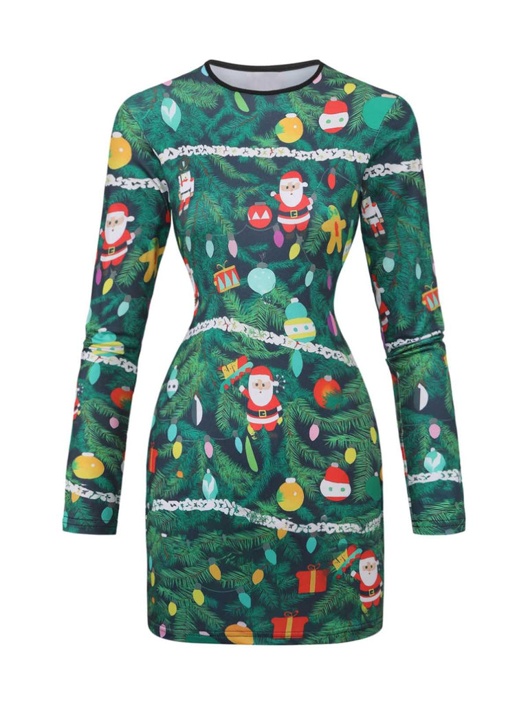 Green 1960s Christmas Pattern Bodycon Dress