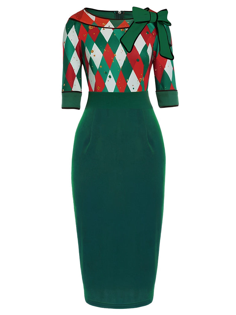 Retro Christmas Plaid Patchwork Midi Pencil Dress | Xmas Outfits | Green Retro Christmas Plaid Patchwork Midi Pencil Dress | Xmas Outfits | Green