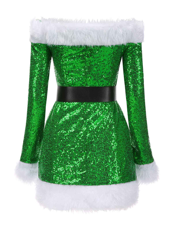 Green Christmas Plush Sequined Patchwork Dress Green Christmas Plush Sequined Patchwork Dress