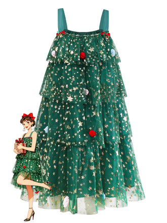 Green 1960s Christmas Tree Pom-Pom Balls Mesh Dress - vintage dress, retro fashion