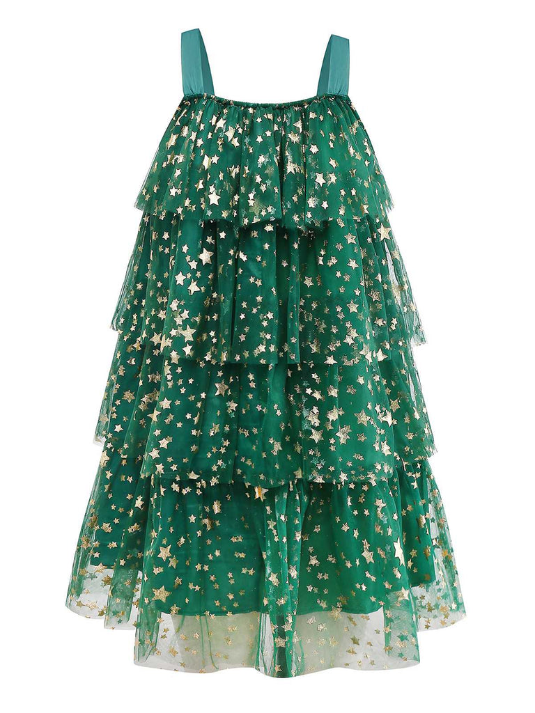 Green 1960s Christmas Tree Pom-Pom Balls Mesh Dress - vintage dress, retro fashion