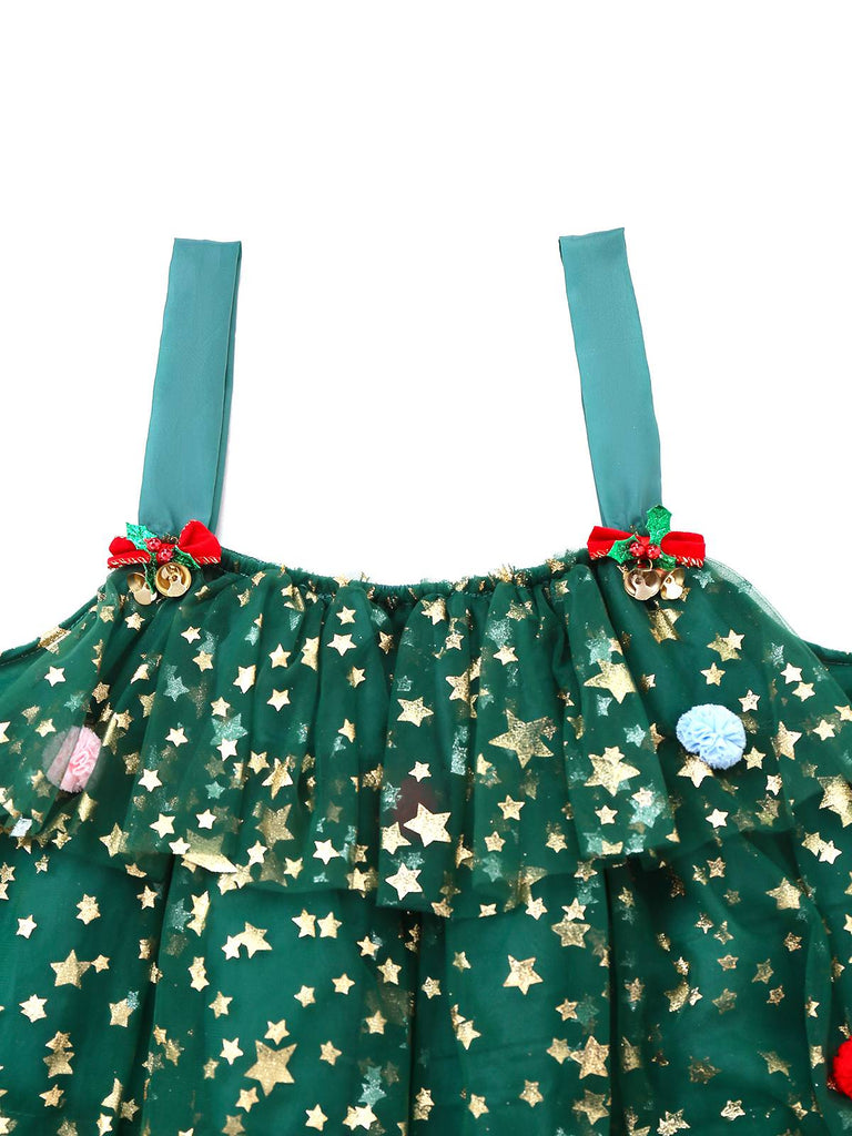 Green 1960s Christmas Tree Pom-Pom Balls Mesh Dress - vintage dress, retro fashion