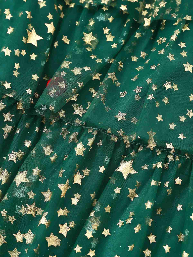 Green 1960s Christmas Tree Pom-Pom Balls Mesh Dress - vintage dress, retro fashion