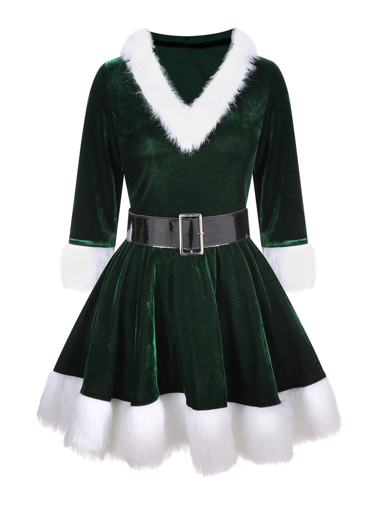 Christmas Santa Velvet Hooded Belted Swing Dress In Green Christmas Santa Velvet Hooded Belted Swing Dress In Green