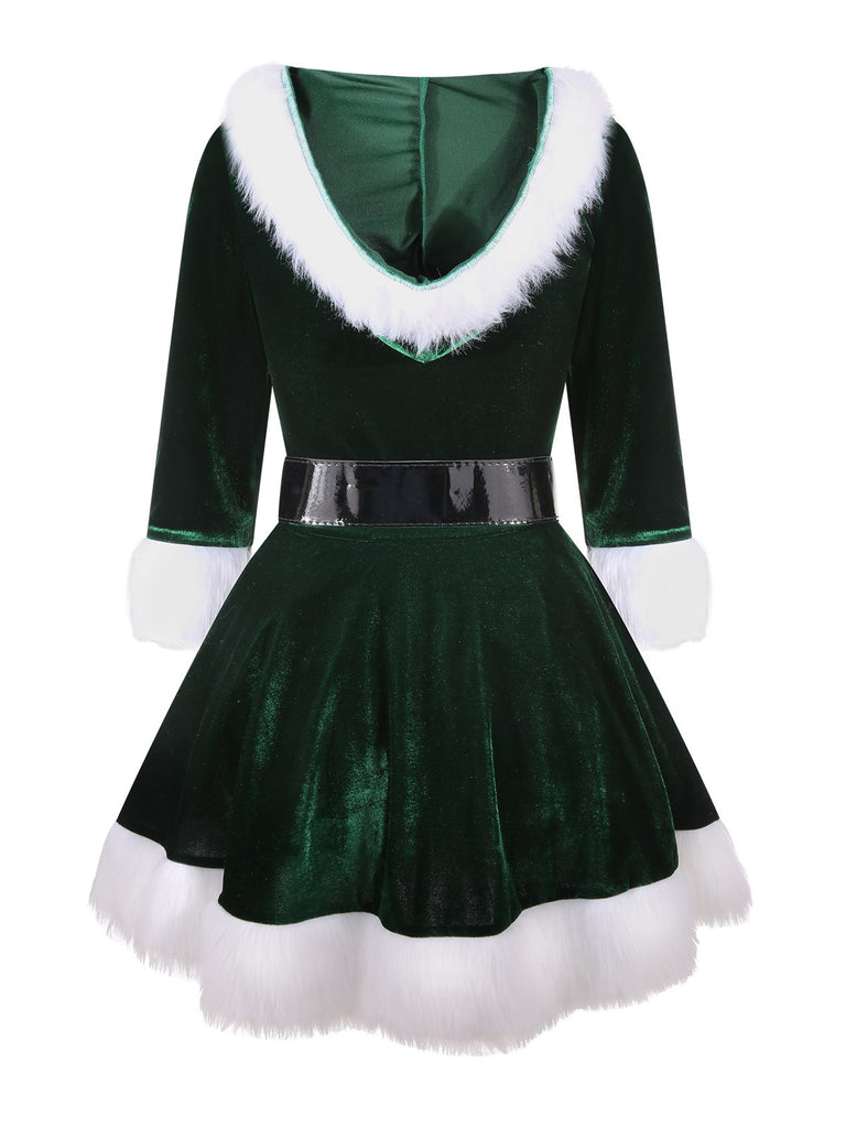 Green 1960s Christmas Velvet Patchwork Hooded Dress