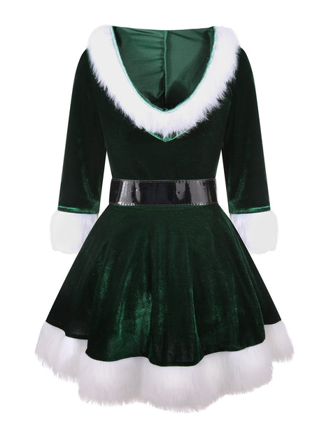 FashionStore Women Christmas Santa Velvet V Neck Mini Dress with Belt Party Xmas Cosplay Skater Dresses (Green, XL)