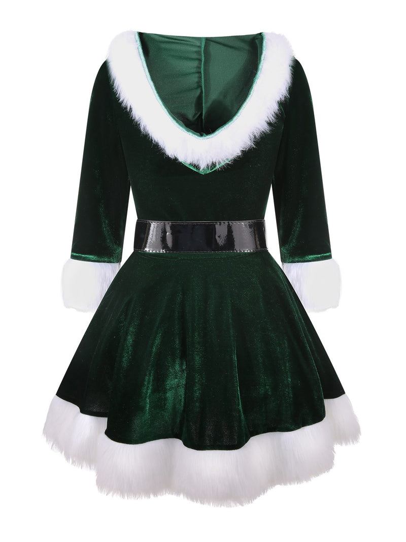Green 1960s Christmas Velvet Patchwork Hooded Dress