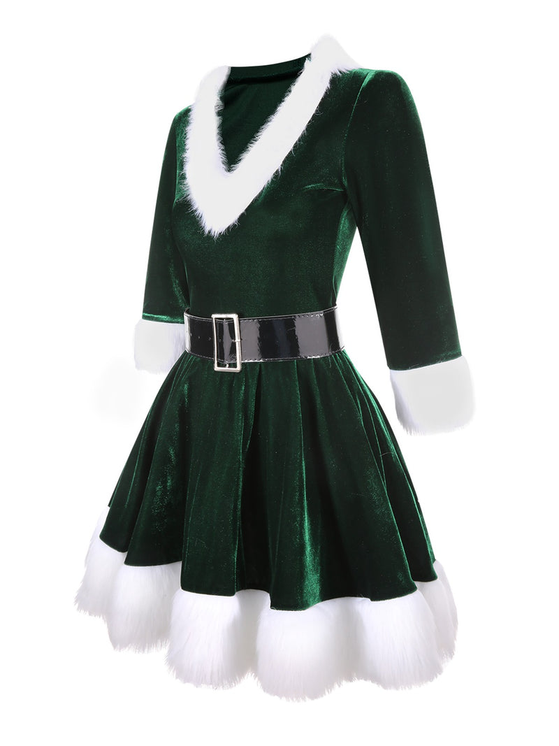 FashionStore Women Christmas Santa Velvet V Neck Mini Dress with Belt Party Xmas Cosplay Skater Dresses (Green, XL)