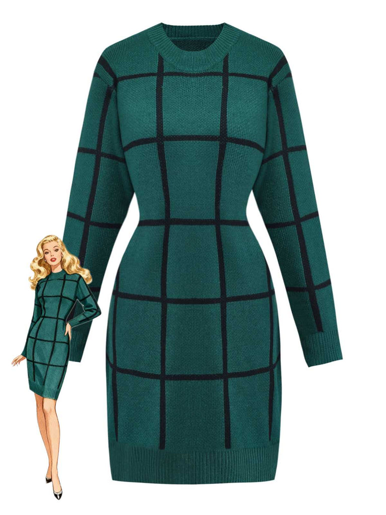 green plaid sweater dress Green 1960s Crew Neck Plaid Knit Sweater Dress