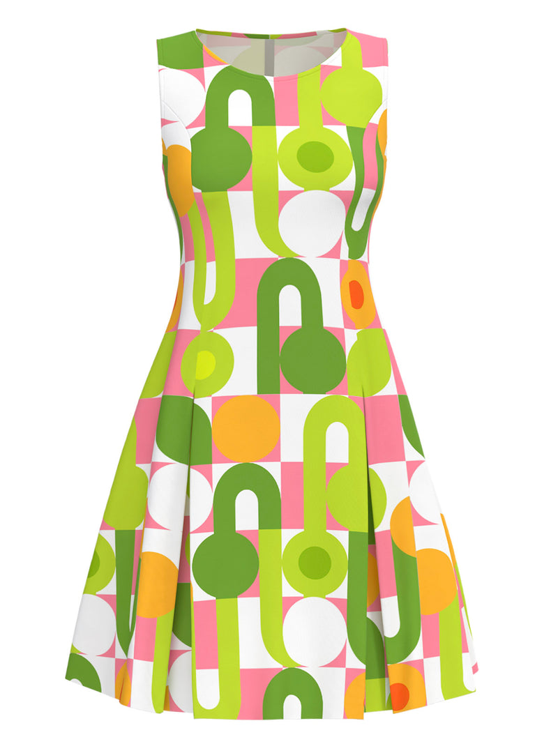 Retro Stage 60s Geometric Print Round Neck Mini Shift Dress Go Go Dress Green