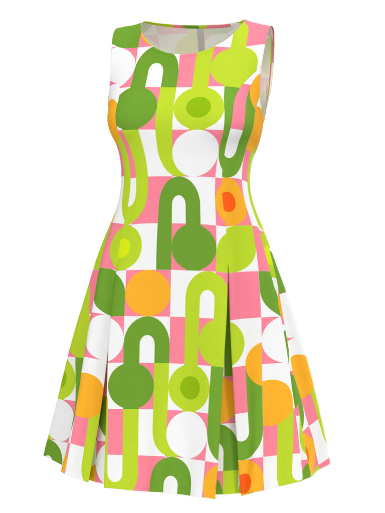 Retro Stage 60s Geometric Print Sleeveless Shift Dress Gogo Dress Green Retro Stage 60s Geometric Print Sleeveless Shift Dress Gogo Dress Green