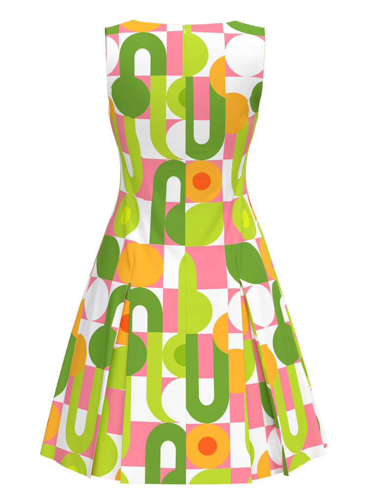 Retro Stage 60s Geometric Print Sleeveless Shift Dress Gogo Dress Green Retro Stage 60s Geometric Print Sleeveless Shift Dress Gogo Dress Green