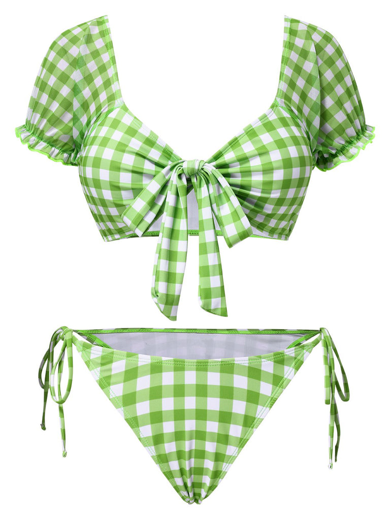 Green 1960s Gingham Puff Sleeve Bikini Set - vintage fashion, retro style