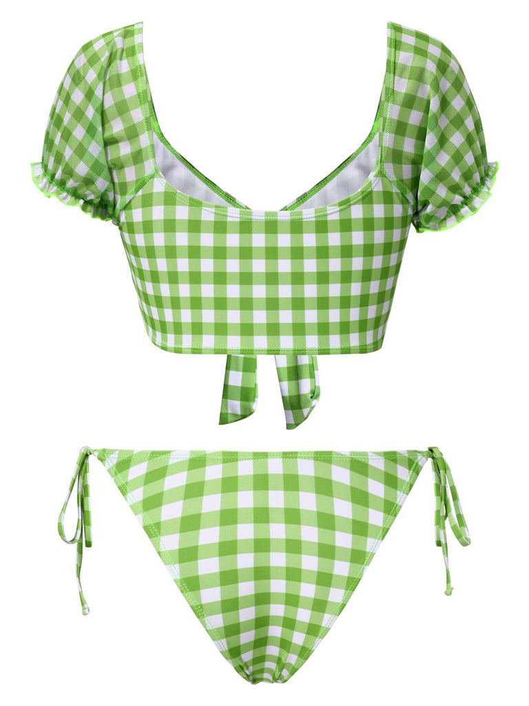 Green 1960s Gingham Puff Sleeve Bikini Set - vintage fashion, retro style