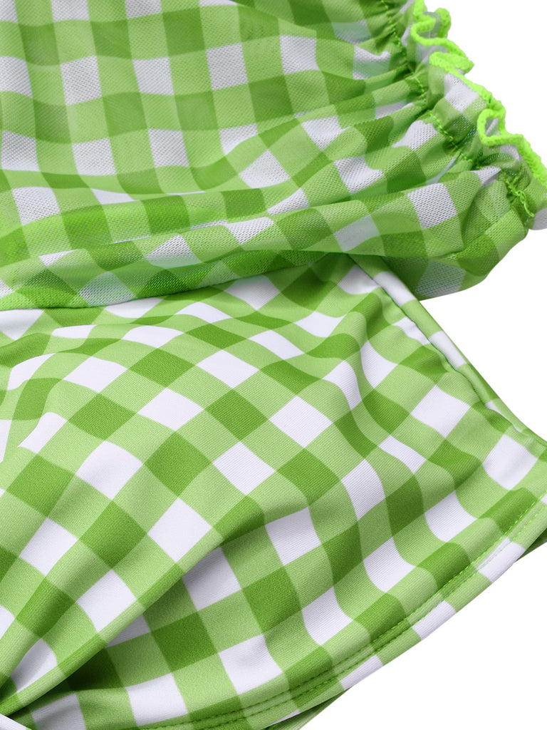 Green 1960s Gingham Puff Sleeve Bikini Set - vintage fashion, retro style