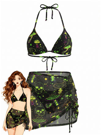 Green 1960s Print Mesh Vintage Slim Bikini Set
