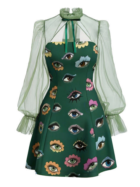 green dress halloween Women's Enchanted Witch Costume Petticoat Adult supervision required Halloween Gothic Eye Print Mesh