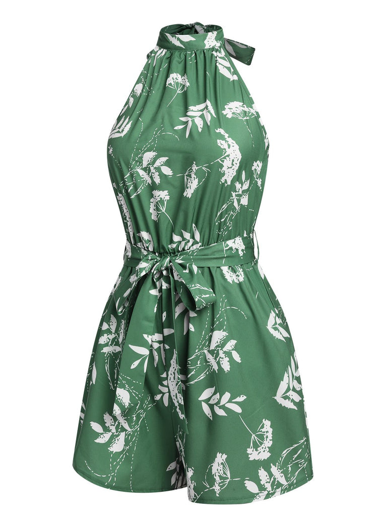 Green 1960s Halter Plants Belted Romper: 1960s detail work for the woman who notices