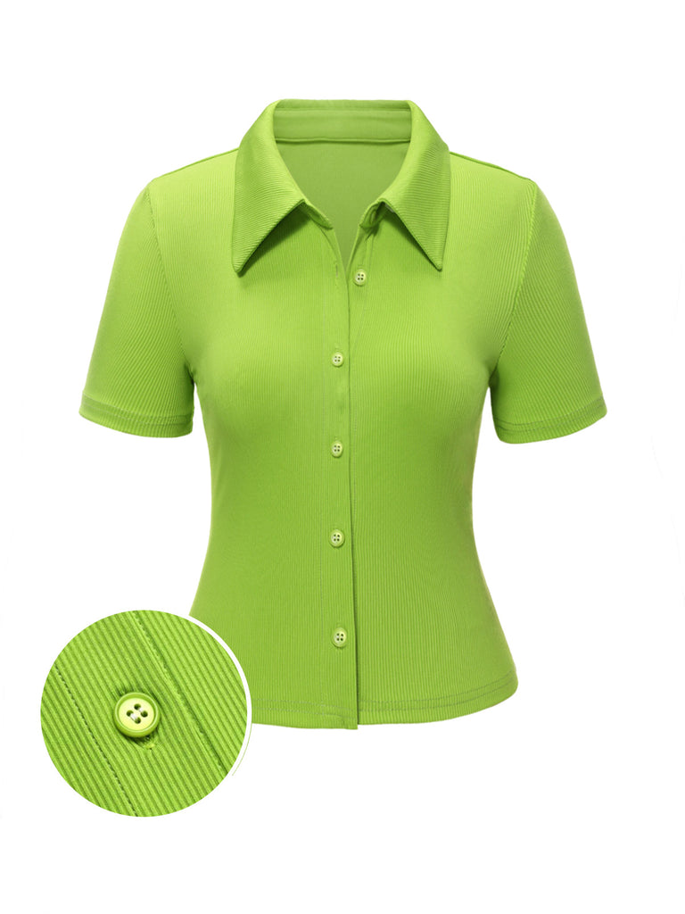 She pairs this Green 1960s Lapel Knitted Solid Blouse with confidence and 1960s charm