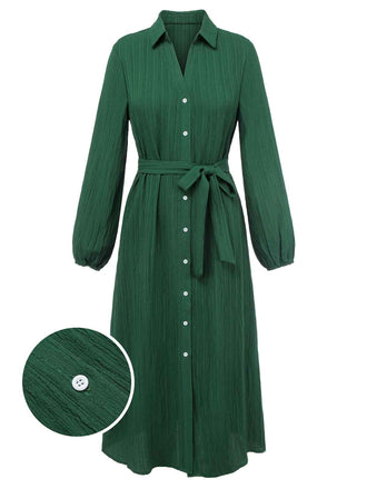 She slips into this Green 1960s Lapel Loose Belted Dress and suddenly it's a 1960s daydream