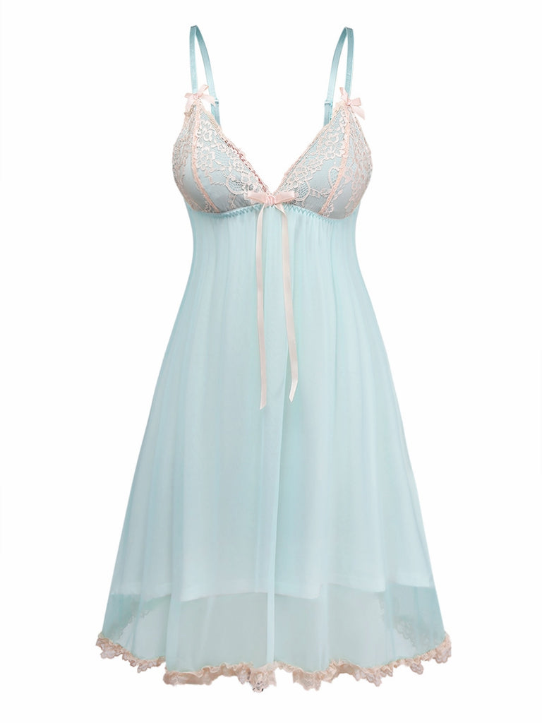 Women's Lace Mesh Straps Bow Patchwork Babydoll Nightgown Green Women's Lace Mesh Straps Bow Patchwork Babydoll Nightgown Green