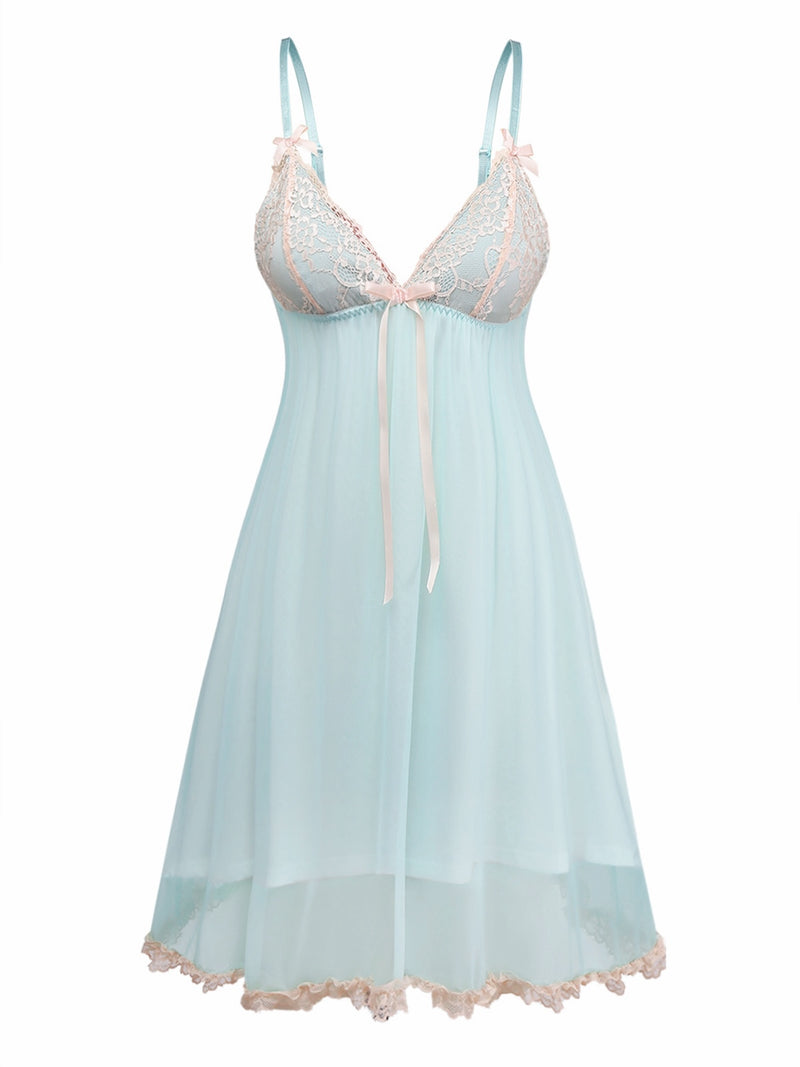 Women's Lace Mesh Straps Bow Patchwork Babydoll Nightgown Green