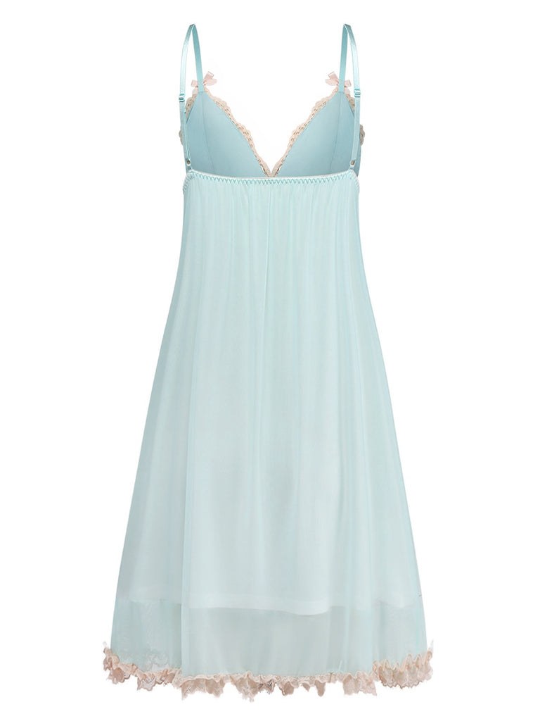 Green 1960s Mesh Lace Patchwork Bow Straps Nightdress: where 1960s romance meets her modern spirit