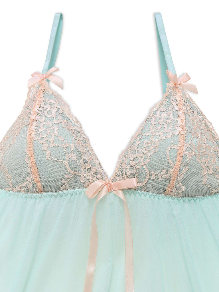 Women's Lace Mesh Straps Bow Patchwork Babydoll Nightgown Green