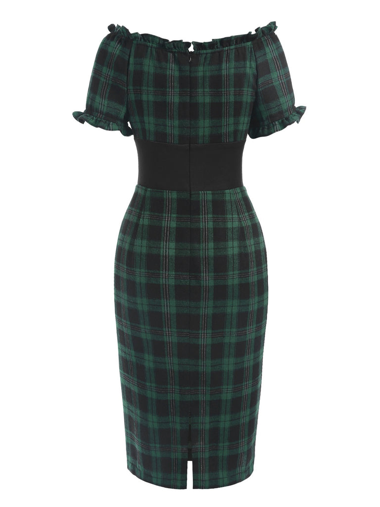 Green 1960s Off Shoulder Bow Tartan Pencil Dress | Retro Stage