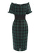 Green 1960s Off Shoulder Bow Tartan Pencil Dress — the kind of 1960s dress that makes strangers smile