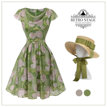Green 1960s Oil-Painting Rose Dress: timeless style reimagined
