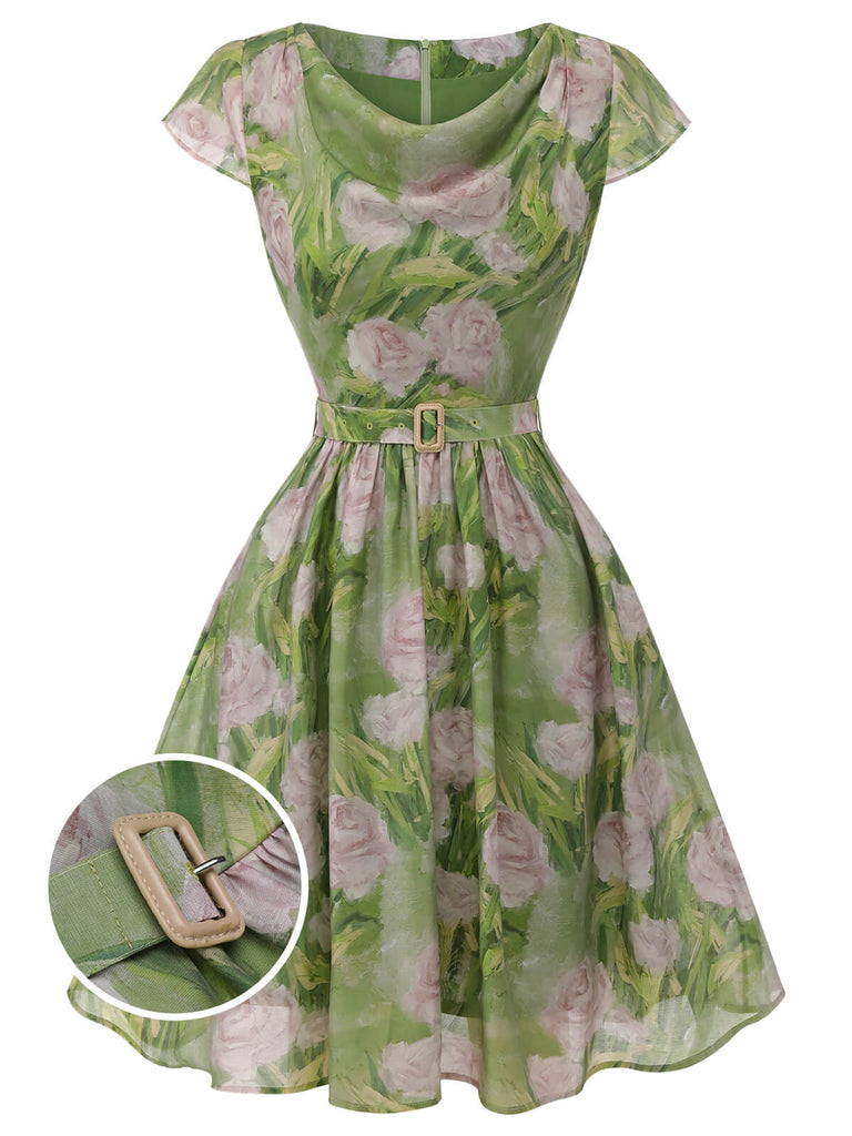 Green 1960s Oil-Painting Rose Dress — vintage elegance for the modern woman