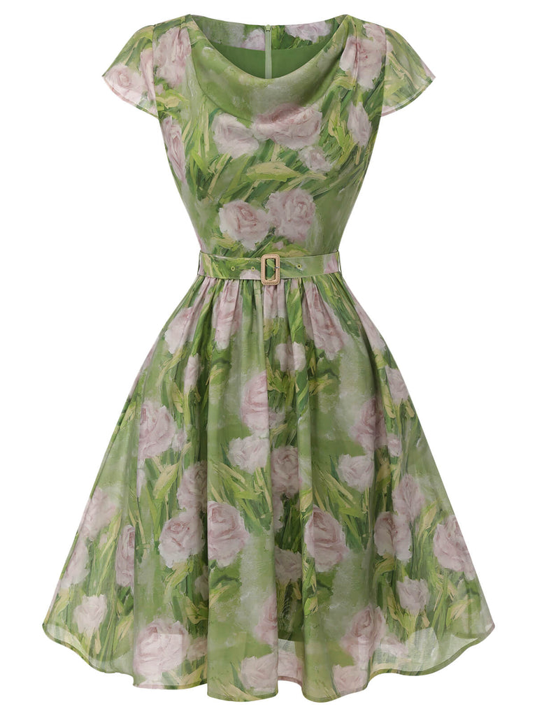 Green 1960s Oil-Painting Rose Dress: timeless style reimagined