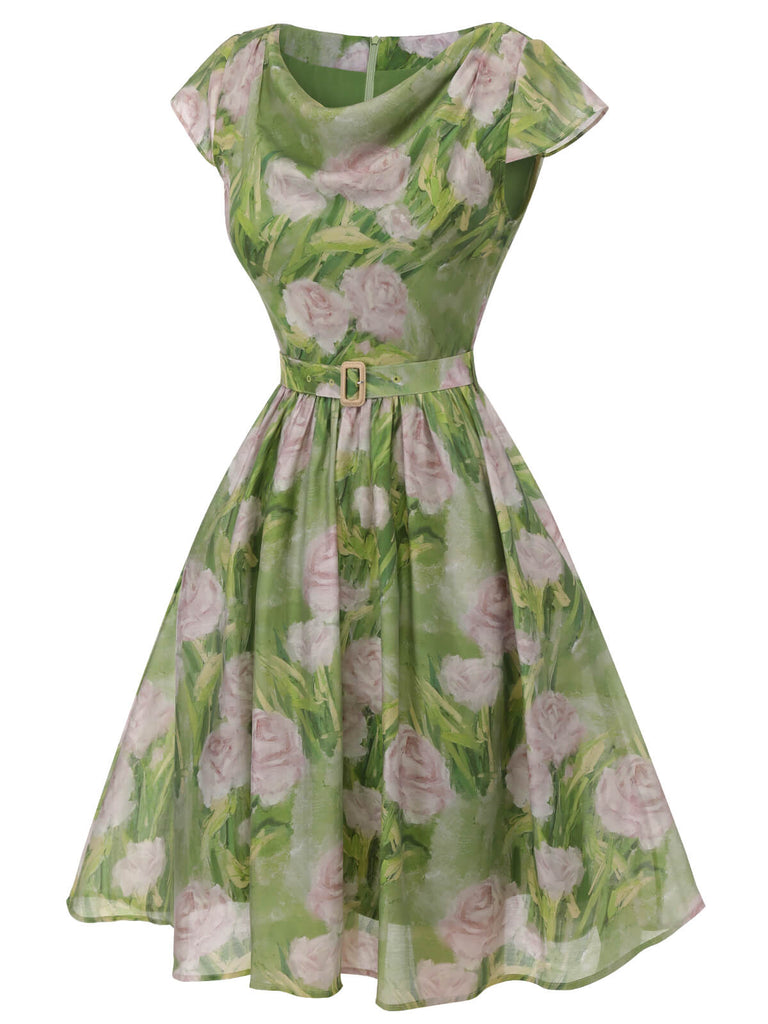 Green 1960s Oil-Painting Rose Dress — vintage elegance for the modern woman