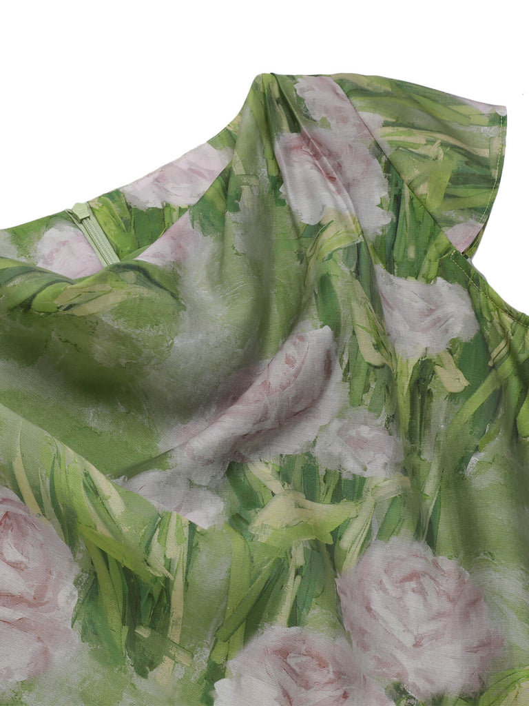 Green 1960s Oil-Painting Rose Dress — vintage elegance for the modern woman