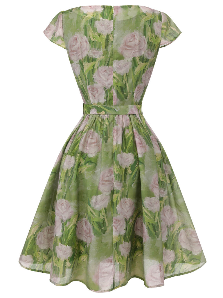 Green 1960s Oil-Painting Rose Dress | Retro Stage Green 1960s Oil-Painting Rose Dress | Retro Stage
