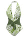 Green 1960s Plant Print Halter One-Piece Swimsuit: 1960s Riviera elegance, reimagined for her