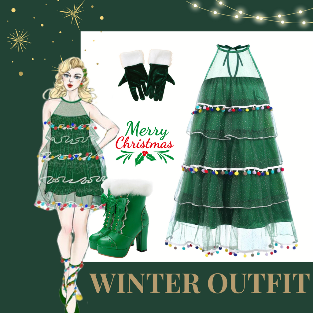 She slips into this Green 1960s Pom-Pom Christmas Tree Dress and suddenly it's a 1960s daydream
