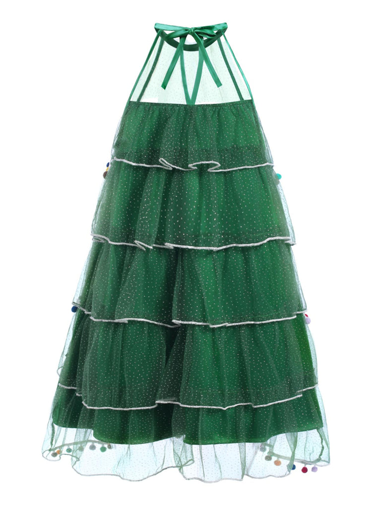 Christmas Tree Dress Costume | Tulle Pom-Pom Mini Dress | Retro Stage | Green Christmas Tree Dress Costume | Tulle Pom-Pom Mini Dress | Retro Stage | Green