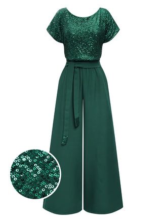 Green 1960s Sequined Wide-Leg Jumpsuit, vintage romper, retro jumpsuit - perfect for women who love vintage and retro fashion
