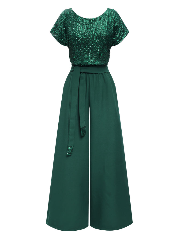Green 1960s Sequined Wide-Leg Jumpsuit, vintage romper, retro jumpsuit - perfect for women who love vintage and retro fashion
