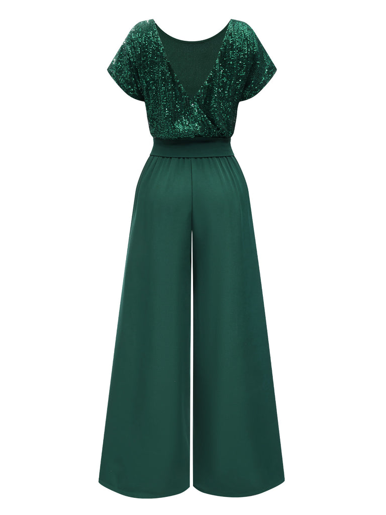 Green 1960s Sequined Wide-Leg Jumpsuit, vintage romper, retro jumpsuit - perfect for women who love vintage and retro fashion