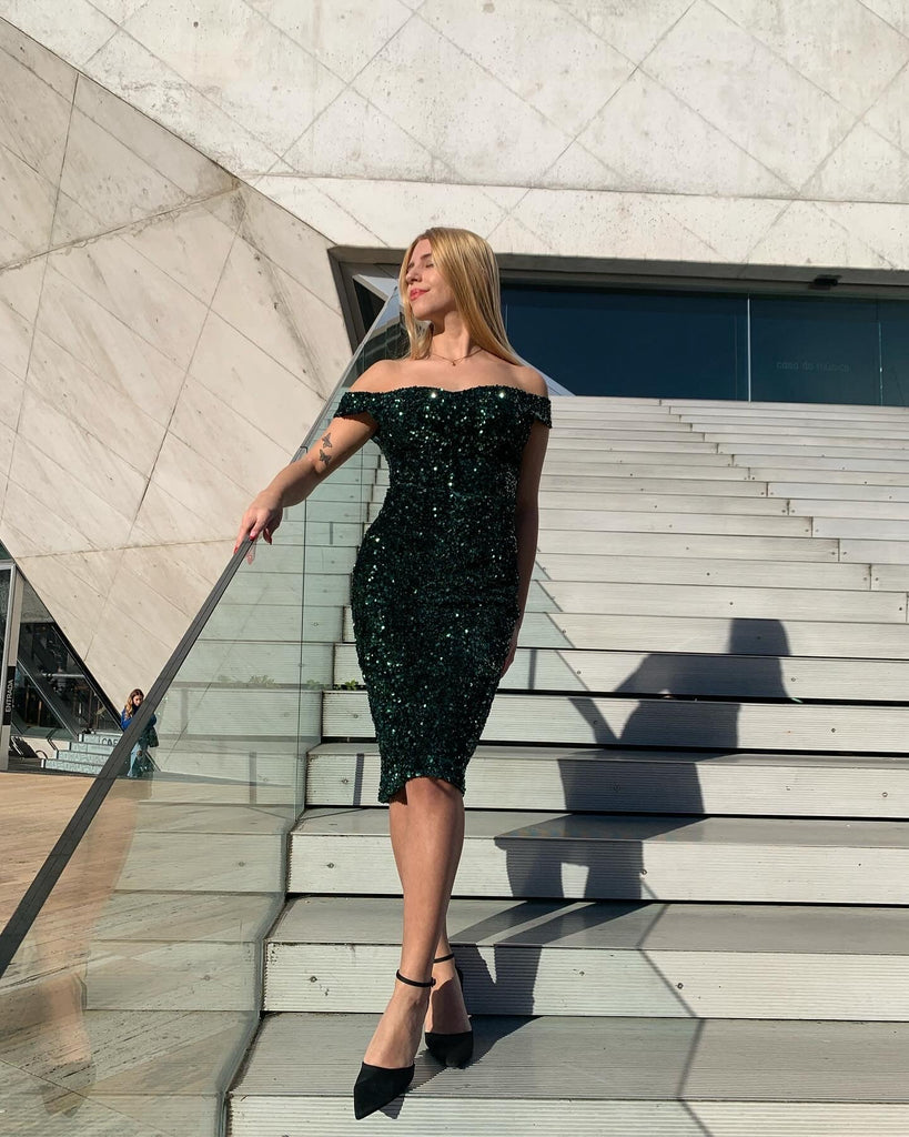 Green 1960s Sequins Off-Shoulder Pencil Dress: where 1960s romance meets her modern spirit