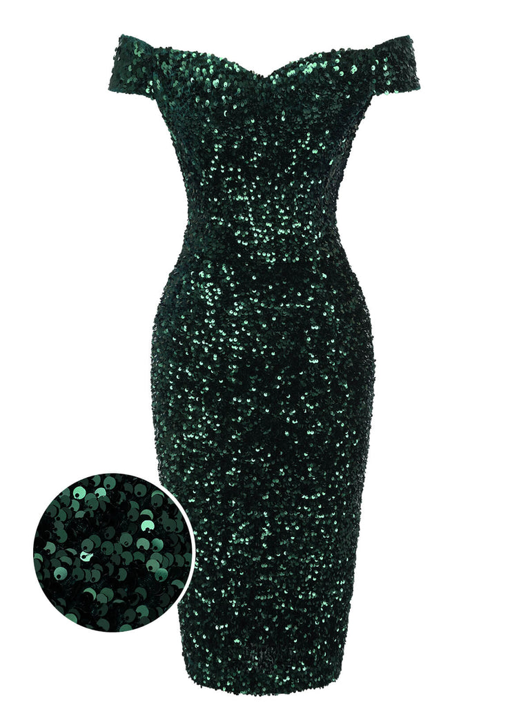 This Green 1960s Sequins Off-Shoulder Pencil Dress wraps her in 1960s elegance, one twirl at a time